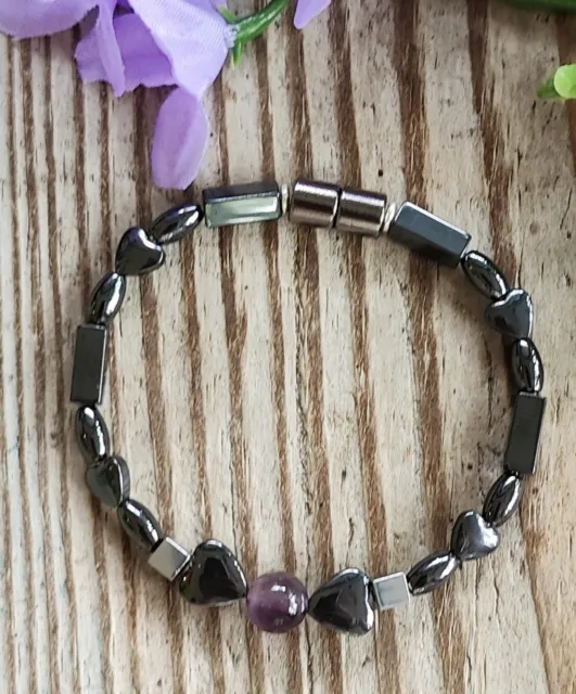Magnetic Hematite Therapy Bracelet Hearts And Amethyst 7" Women's