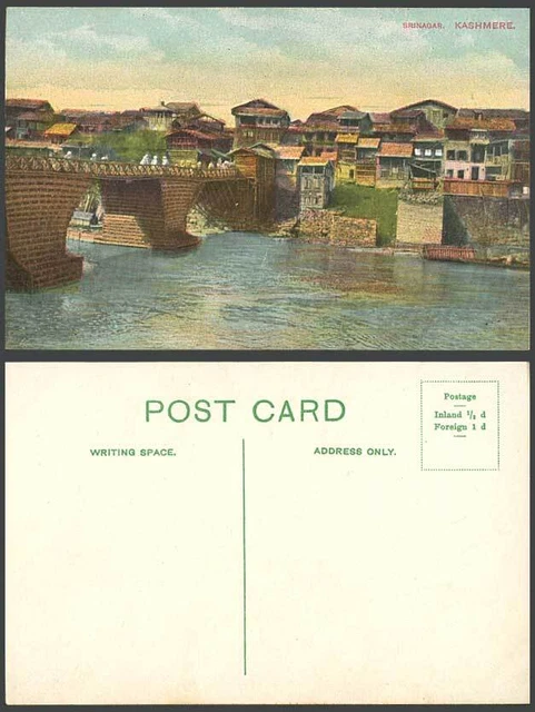 Pakistan alte farbige Postkarte SRINAGAR KASHMER, Brücke, Flussszene Häuser Indien