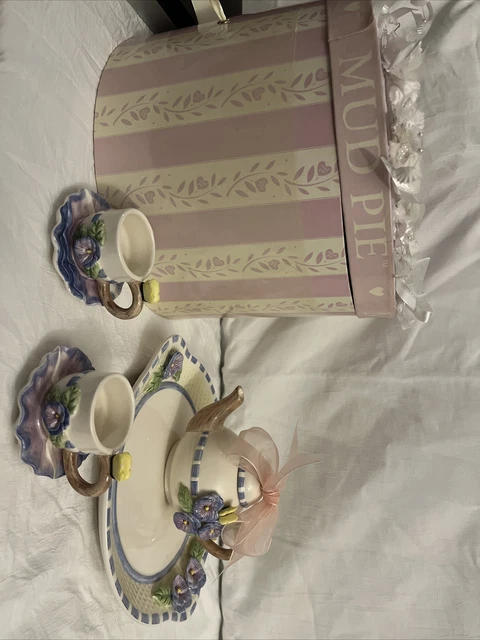Mud Pie Pansies and Butterflies Mini Tea Set Pot Lid 2 Cups 2 Saucers 6pc NIB Mud Pie Pansies and Butterflies Mini Tea Set Pot Lid 2 Cups 2 Saucers 6pc NIB