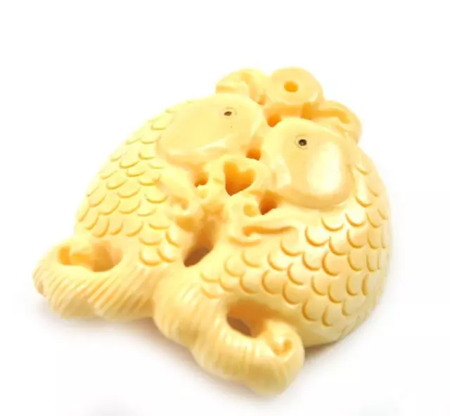 2 x Vintage Oriental Bone Carved Bead Hand Carved Charm Pendant Double Fish
