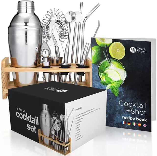 13-teiliges Cocktail Shaker Set Edelstahl Silber Mixer Barzubehör Geschenkset