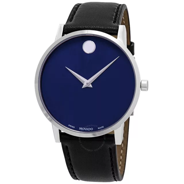 Movado Swiss Mens Museum Blue Dial Classic Stainless Leather Strap Slim Watch