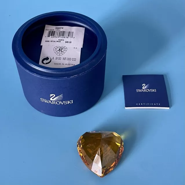 Swarovski Crystal SCS 2005 Topaz Heart — Mint w/ Box & Certificate — 696974