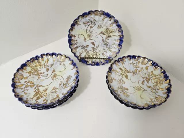 Asian Oriental Kutani Cobalt Blue Plates Gold Floral Pattern 5 3/4" Round Set/ 6 2