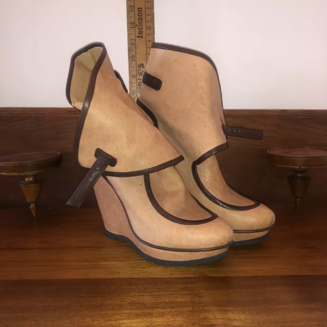 Balenciaga Women's Camel Wedge Ankle Strap Color Block Boots W/Brown Accent Sz40