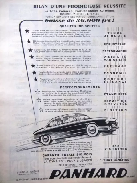 Publicité De Presse 1955 La Dyna Panhard Voiture Unique Au Monde 130K/H 7 Litres