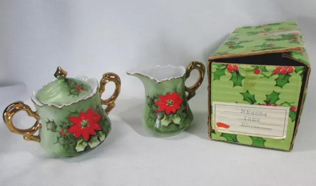 Hand-Painted Lefton China Vintage Poinsetta Sugar & Creamer Original Box