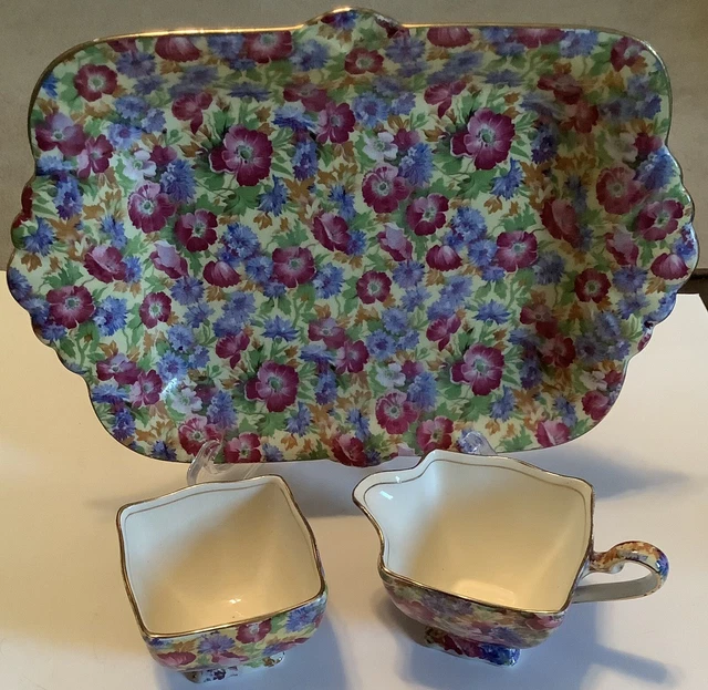 Royal Winton Grimwades "Royalty" CREAM & OPEN SUGAR + PLATE Chintz Vintage