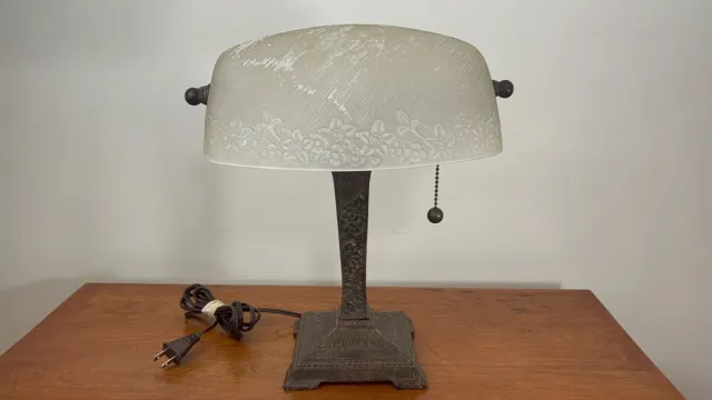 Vintage heavy cast iron and glass Ornate Floral shade banker’s lamp |