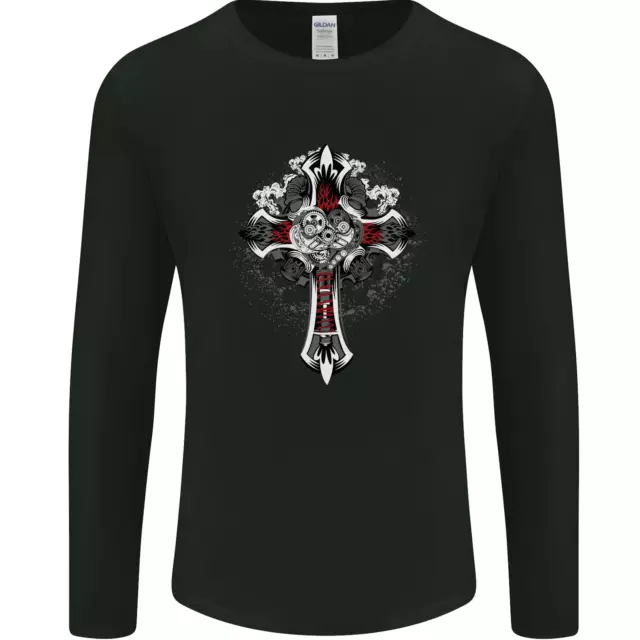 Steampunk Croix Gothique Métal Lourd Motard Tshirt pour Hommes Longues Manches