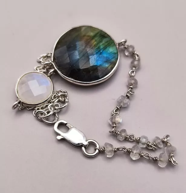 Labradorite & Rainbow Moonstone Sterling Silver Moon Bracelet 925 Hallmarked