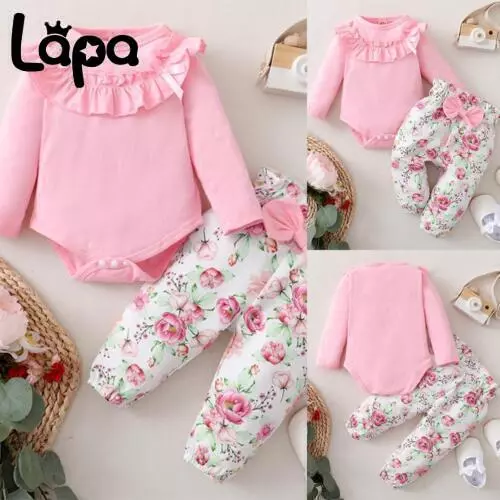 Newborn Baby Girls Ruffle Long Sleeve Romper Tops Bowknot  Floral Pants Outfits