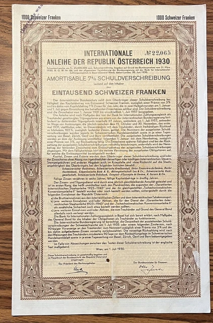 AUSTRIA 1000 SCHWEIZER FRANKEN (SWISS FRANC) BOND w/COUPONS