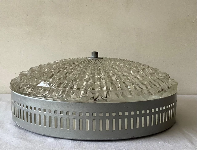 Ancien PLAFONNIER ou APPLIQUE Vintage en VERRE MOULÉ & METAL ARGENTÉ 8