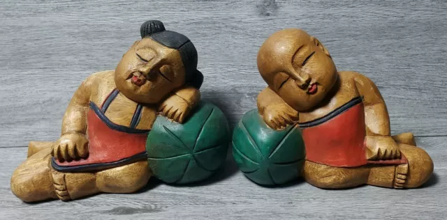 Large Antique Vintage Chinese Hand Carved Wooden Figurines Sleeping Boy & Girl