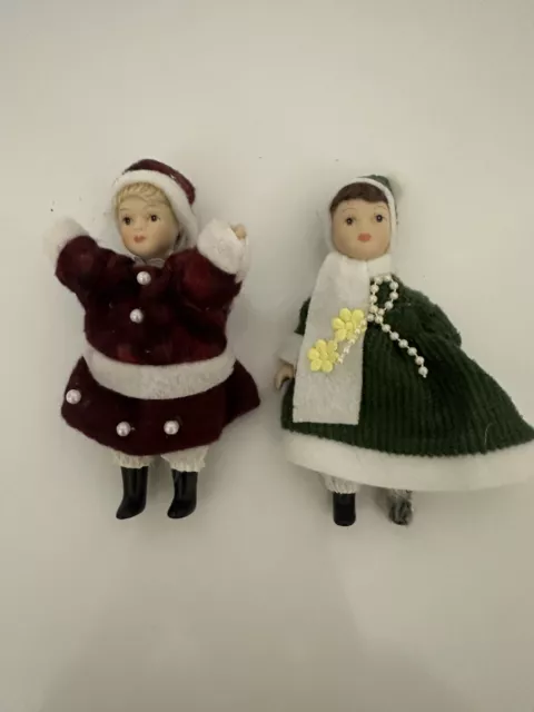 2 Ceramic dolls Small approx. 5" Vintage dressed for winter Christmas Holiday