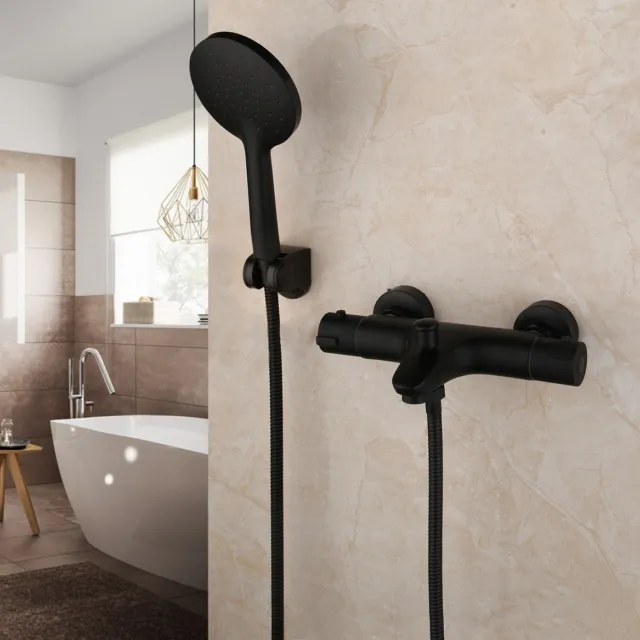 Matte Black Bathroom Tub Thermostatic Faucet +Hand Shower Mixer Tap set