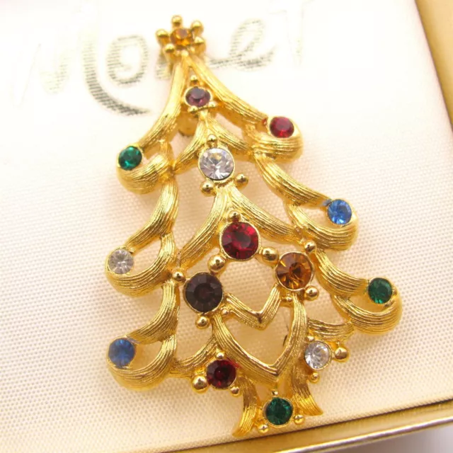 Fab MONET Rhinestone Christmas Tree Pin Designer Signed in Original Box