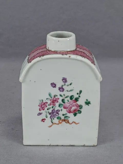 18th Century Chinese Export Hand Painted Floral Pink Fishscales & Gold Tea Caddy