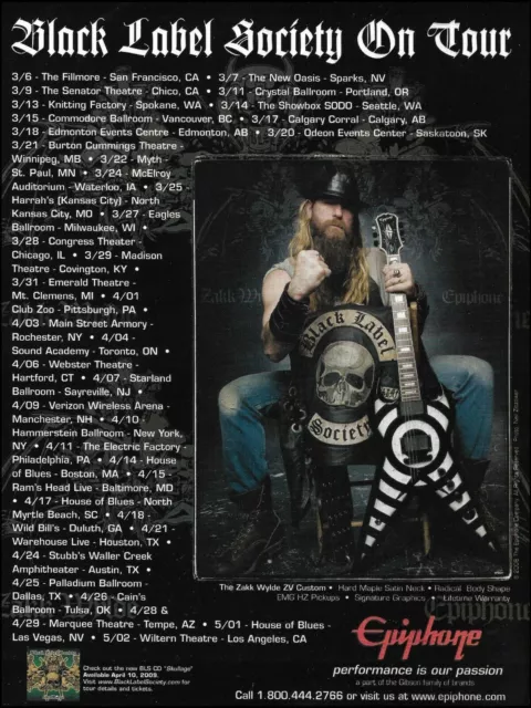 Black Label Society Zakk Wylde 2009 Tour Dates Epiphone ZV Custom Guitar ad