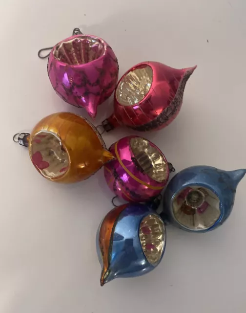 Lot of 6 Polish Hand Painted Indented Teardrop Mercury Glass Christmas Ornaments