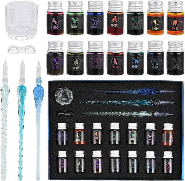 GOLDGE 19 Pieces Glass Dip Pen Ink Set, 3 Crystal Pen with 14 Colorful Inks and