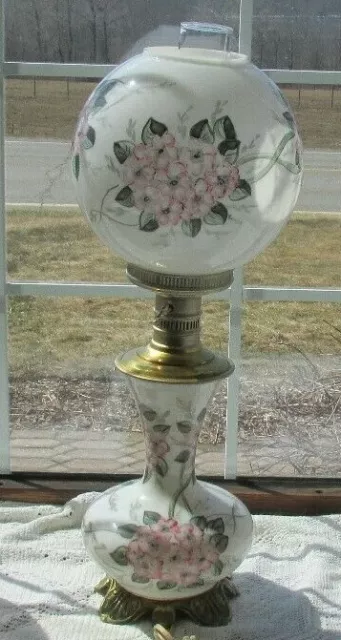 Antique Gwtw Table Lamp Original Hp Pink Floral Artist Sgnd 24"H X 7 1/2"W