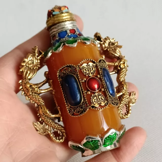 Beautiful Chinese artificial beeswax armor cloisonne Double dragon snuff bottle