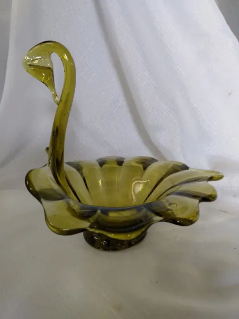 Vintage Retro Green Glass Swan Hand Blown Bowl 7" Mid Century Modern