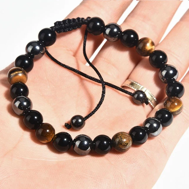 Bracciale Perline Ematite Occhi di Tigre Nero Naturale Ossidiana Uomo Gioielli Nuovo D5