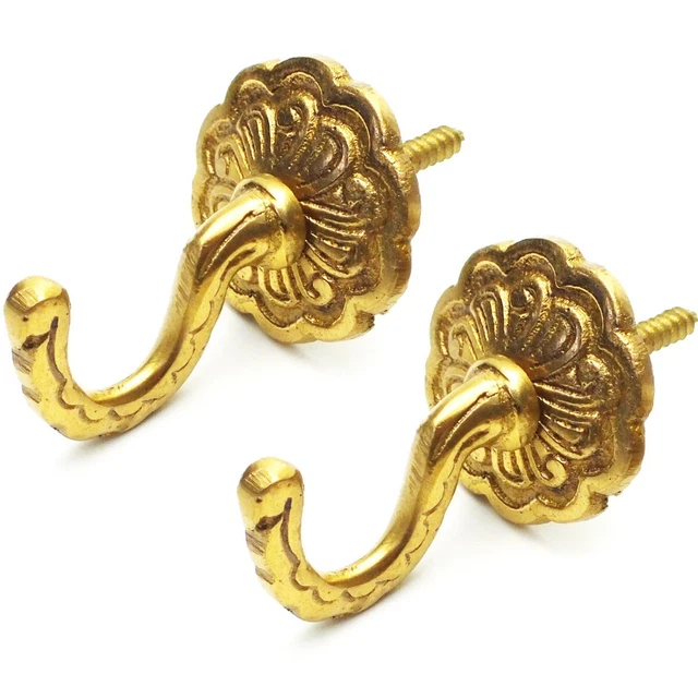 2 x GOLD CURTAIN TIE BACK HOOKS Pair Brass Screw In Wall Drape Holder Hangers UK