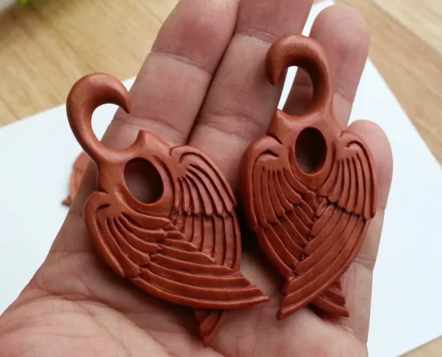Pair Animated Parrot Angel Wing Sawo Wood Ear Taper Spiral Expander Plug Gauges