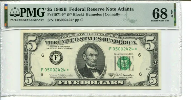 Fr 1971-F* Star 1969B $5 Federal Reserve Note Pmg 68 Epq Superb Gem Uncirculated
