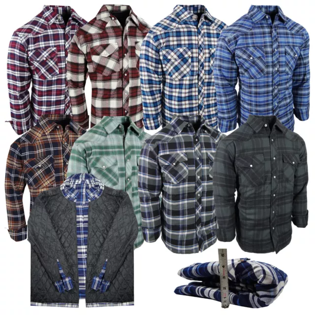Men's Plaid Flannel Shirt Jacket Fully Quilted Lined 5 Pocket Warm Zip-Up  Hoodie