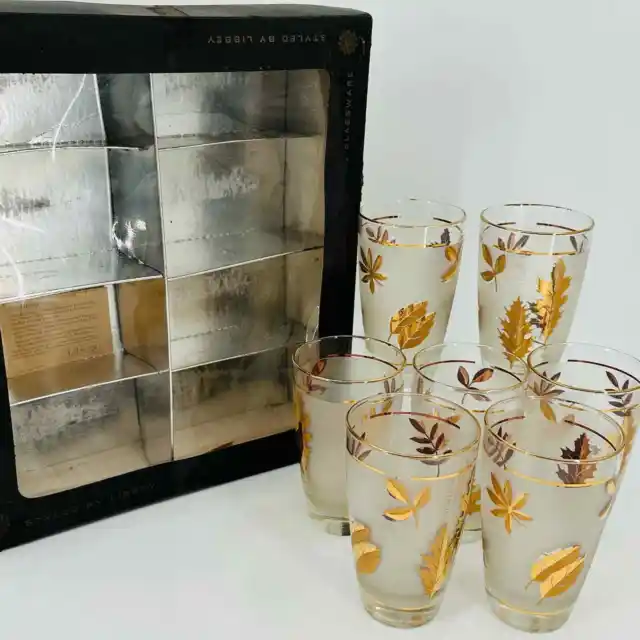 7 Vintage 60s Libbey Frosted Gold Autumn Leaves High Ball Water Glasses NIB MCM