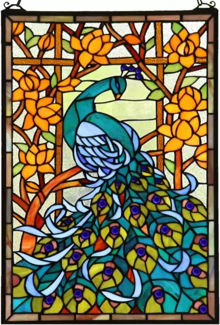 W10011 Peacock Tiffany Style Stained Glass Window Panel Hangings with Chain