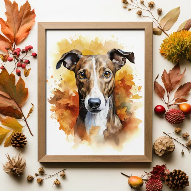 Greyhound in Autumn Print, Modern Watercolour Dog Painting, Pet Portrait