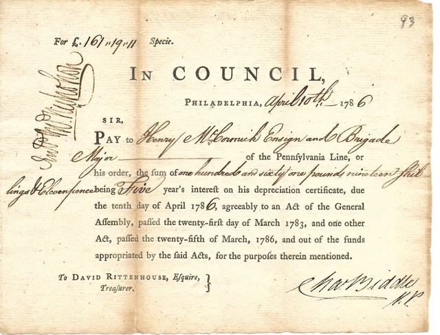 Revolutionary War John Nicholson Signed Pay Order Service Continental Army 1786