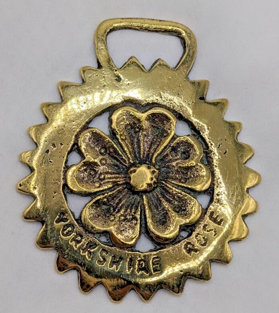 Brass Horse Medallion Vintage English Yorkshire Rose Heraldic Flower Parade Show
