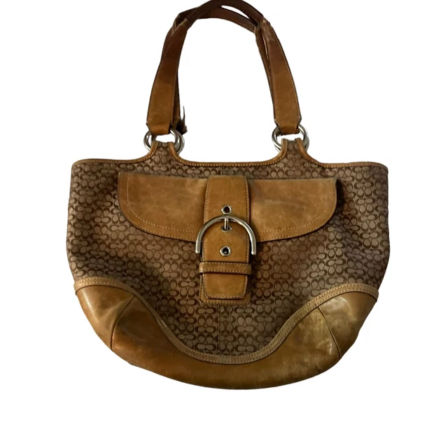 Coach signature monogram soho round tote bag w/ silver hardware and bag charm