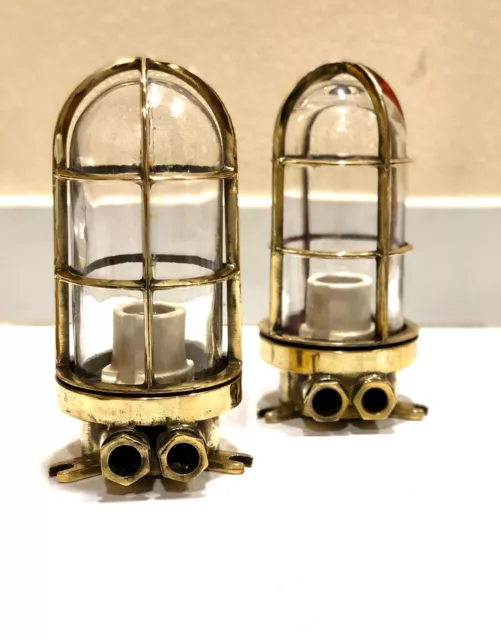Reclaimed Antique Salvage Brass Old Nautical Ship Bulkhead Ceiling Lamp Set of 2