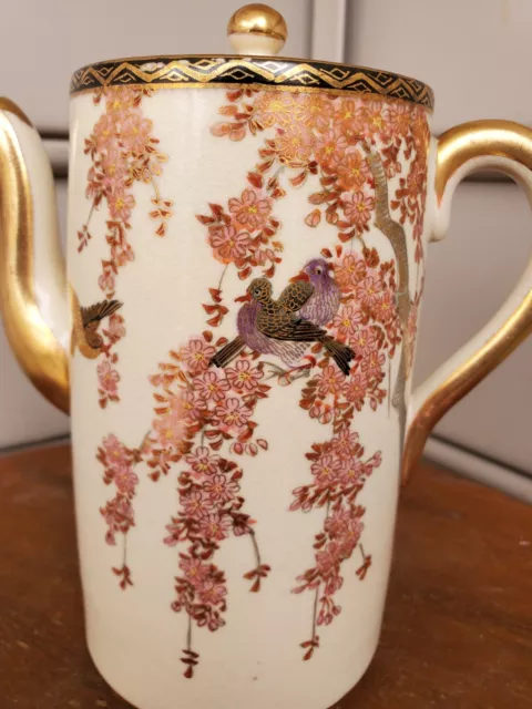 Signed Chocolate Pot Very Fine Wisteria Flowers & Birds Japanese Satsuma Meiji