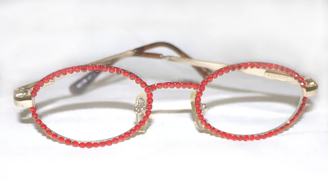 Crystal Oval Frame Reading Glasses Lt. Siam Red Readers Made With Swarovski New