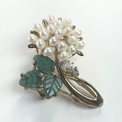 Vintage Faux Pearl Seed Bead Flower And Stem Gold Tone Brooch Pin
