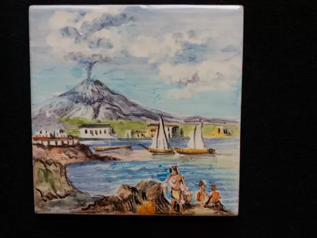 Ceramica Maiolica Sicilia Il Vulcano Etna  10X 10 Cm Dipinto A Mano M.in Italy