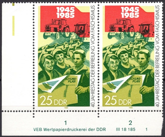DDR 1985 Mi.Nr. 2943 ** postfrisch Eckrand mit DV Druckvermerk FN 1