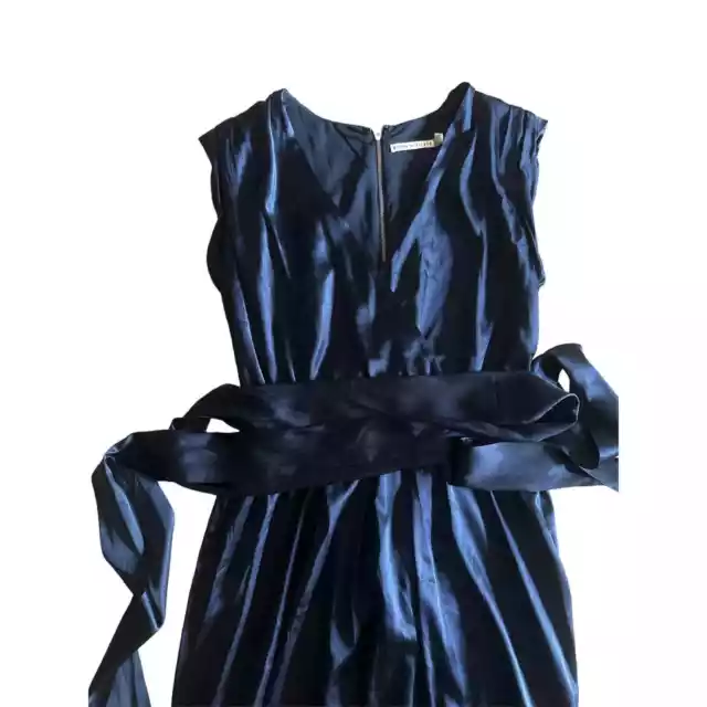 Women 8 Alice + Olivia Toni Navy Blue V-Neck Faux Wrap Belted Dress Silk Satin 2