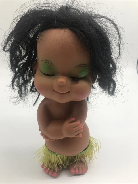 Hawaiian Hula Girl 9" Doll Vinyl Grass Skirt Lei Eyelashes Hong Kong Vintage 70s