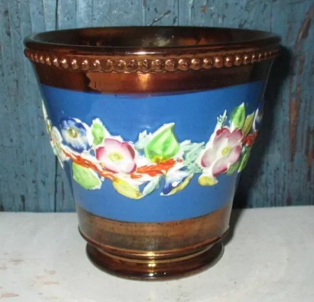 Antique Staffordshire Copper Luster Lusterware Cup With Embossed Flowers Around