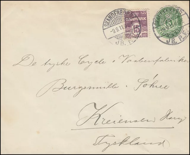 Dänemark Umschlag U 17 Ziffer 5 Öre, Zusatzfrankatur, SKANDERBORG 9.9.1911